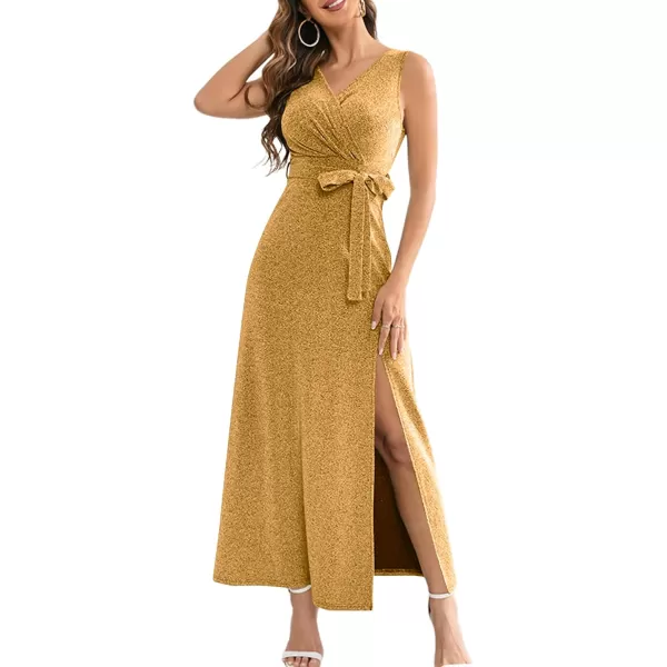 LYANER Women's Elegant Wrap V Neck Sparkly Glitter High Waist Belt Sleeveless Split Maxi Party Dress