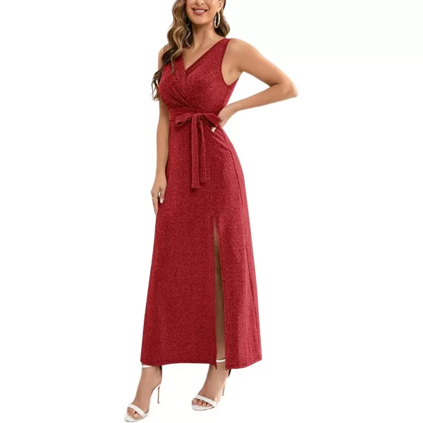 LYANER Women's Elegant Wrap V Neck Sparkly Glitter High Waist Belt Sleeveless Split Maxi Party Dress