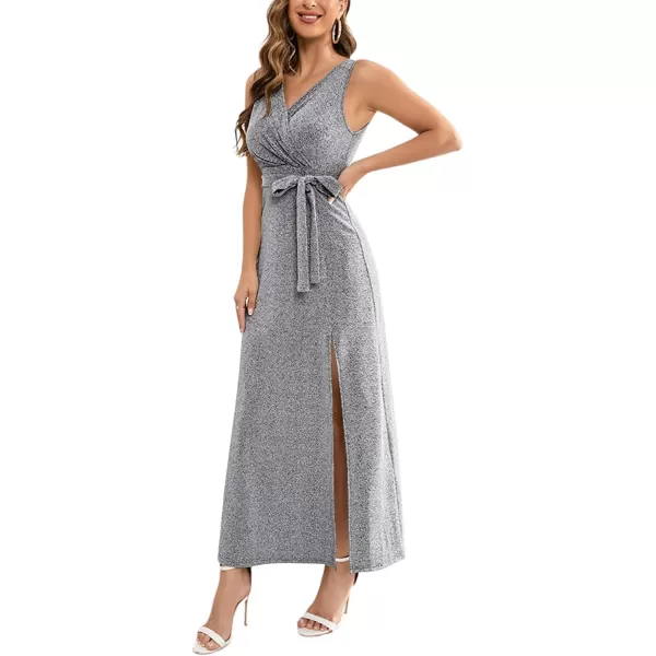 LYANER Women's Elegant Wrap V Neck Sparkly Glitter High Waist Belt Sleeveless Split Maxi Party Dress