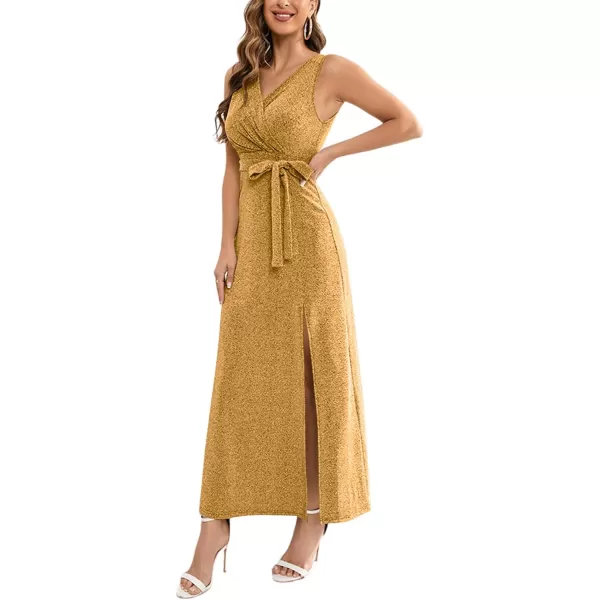 LYANER Women's Elegant Wrap V Neck Sparkly Glitter High Waist Belt Sleeveless Split Maxi Party Dress