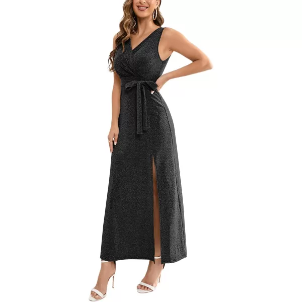 LYANER Women's Elegant Wrap V Neck Sparkly Glitter High Waist Belt Sleeveless Split Maxi Party Dress