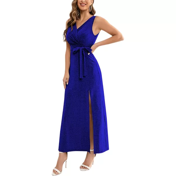 LYANER Women's Elegant Wrap V Neck Sparkly Glitter High Waist Belt Sleeveless Split Maxi Party Dress