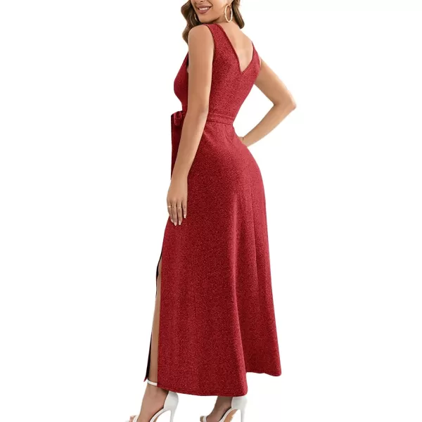 LYANER Women's Elegant Wrap V Neck Sparkly Glitter High Waist Belt Sleeveless Split Maxi Party Dress