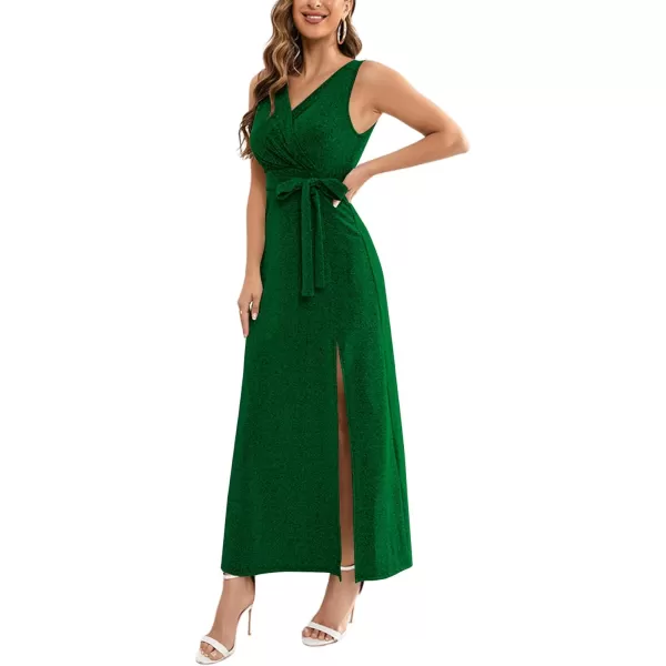 LYANER Women's Elegant Wrap V Neck Sparkly Glitter High Waist Belt Sleeveless Split Maxi Party Dress