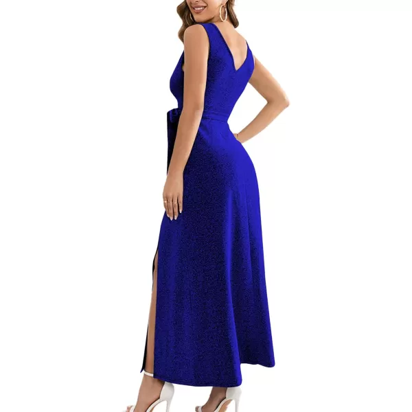 LYANER Women's Elegant Wrap V Neck Sparkly Glitter High Waist Belt Sleeveless Split Maxi Party Dress