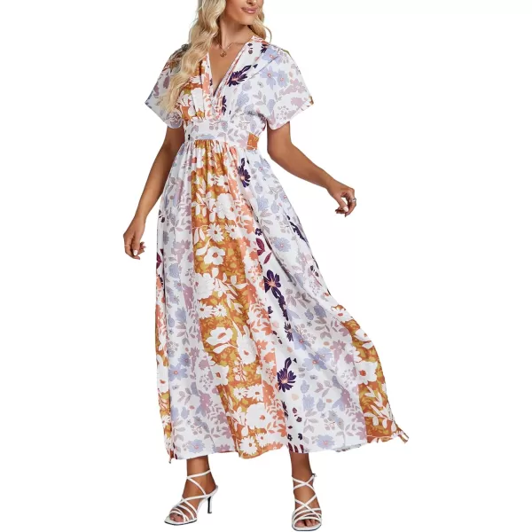 LYANER Women's Floral Boho Deep V Neck Batwing Short Sleeve High Waist Split Slit Shift Dress