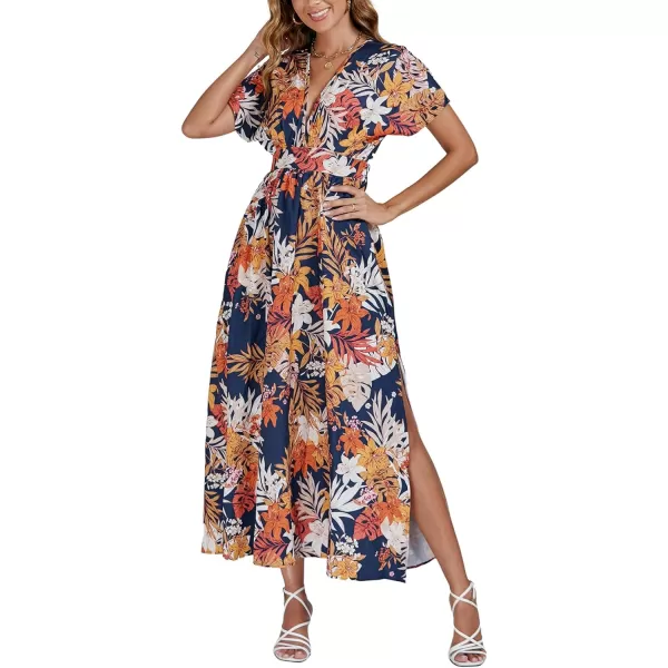 LYANER Women's Floral Boho Deep V Neck Batwing Short Sleeve High Waist Split Slit Shift Dress