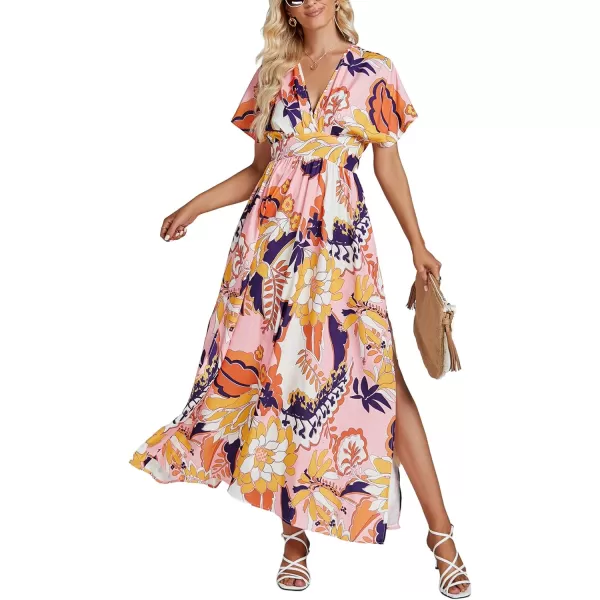 LYANER Women's Floral Boho Deep V Neck Batwing Short Sleeve High Waist Split Slit Shift Dress