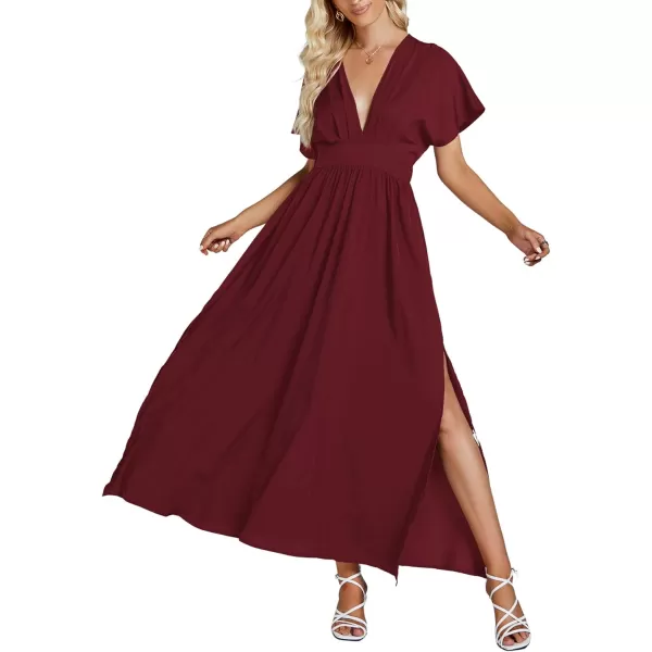 LYANER Women's Floral Boho Deep V Neck Batwing Short Sleeve High Waist Split Slit Shift Dress