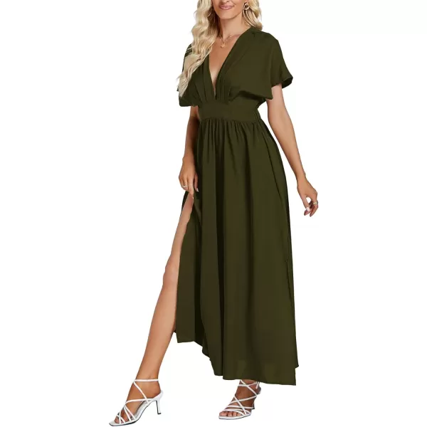 LYANER Women's Floral Boho Deep V Neck Batwing Short Sleeve High Waist Split Slit Shift Dress