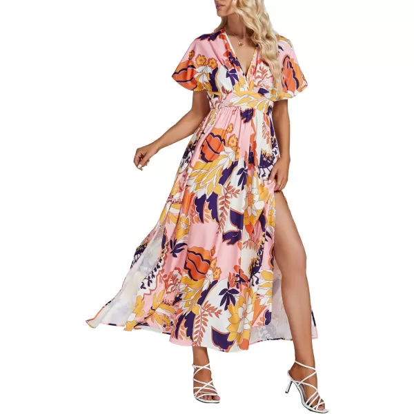LYANER Women's Floral Boho Deep V Neck Batwing Short Sleeve High Waist Split Slit Shift Dress