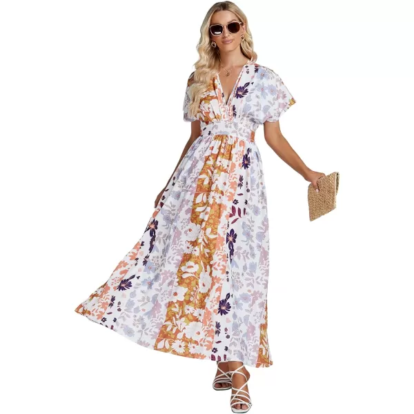 LYANER Women's Floral Boho Deep V Neck Batwing Short Sleeve High Waist Split Slit Shift Dress
