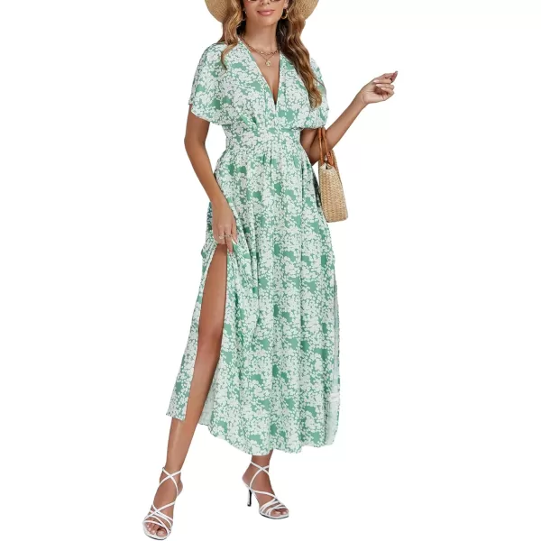 LYANER Women's Floral Boho Deep V Neck Batwing Short Sleeve High Waist Split Slit Shift Dress