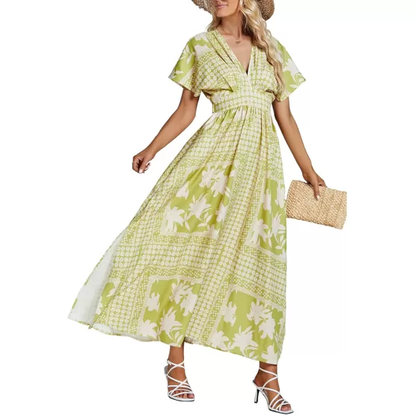 LYANER Women's Floral Boho Deep V Neck Batwing Short Sleeve High Waist Split Slit Shift Dress
