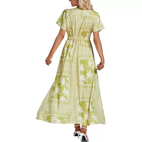 LYANER Women's Floral Boho Deep V Neck Batwing Short Sleeve High Waist Split Slit Shift Dress