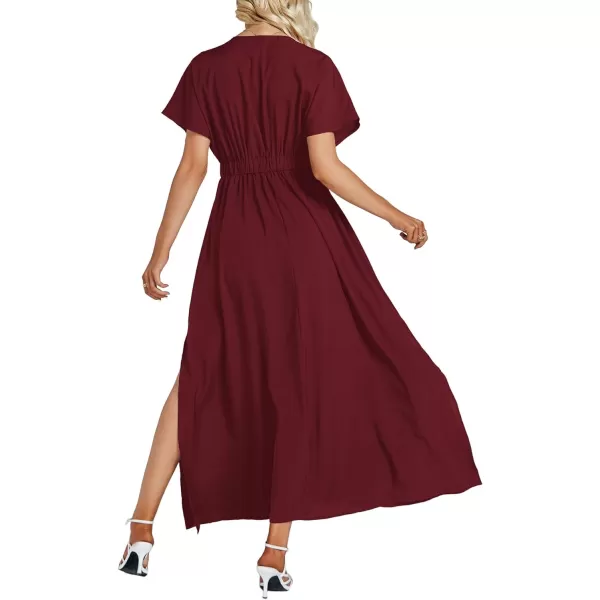 LYANER Women's Floral Boho Deep V Neck Batwing Short Sleeve High Waist Split Slit Shift Dress