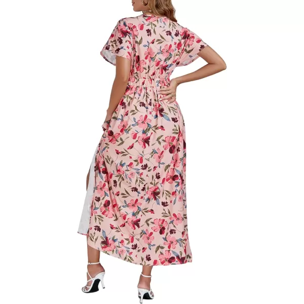 LYANER Women's Floral Boho Deep V Neck Batwing Short Sleeve High Waist Split Slit Shift Dress