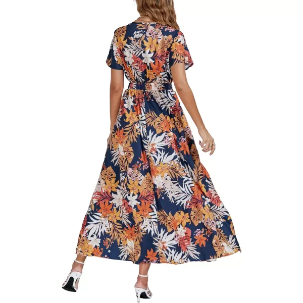 LYANER Women's Floral Boho Deep V Neck Batwing Short Sleeve High Waist Split Slit Shift Dress