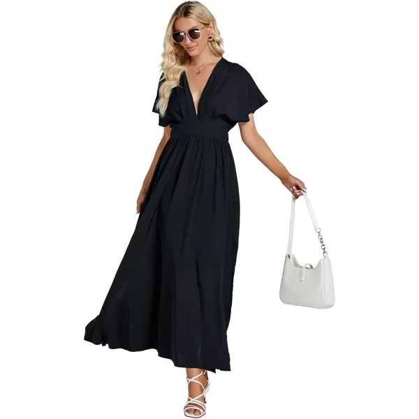 LYANER Women's Floral Boho Deep V Neck Batwing Short Sleeve High Waist Split Slit Shift Dress