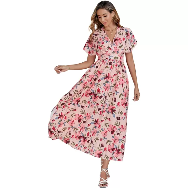 LYANER Women's Floral Boho Deep V Neck Batwing Short Sleeve High Waist Split Slit Shift Dress