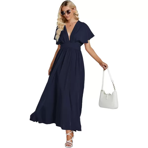 LYANER Women's Floral Boho Deep V Neck Batwing Short Sleeve High Waist Split Slit Shift Dress
