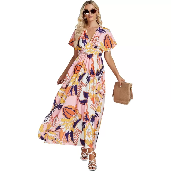 LYANER Women's Floral Boho Deep V Neck Batwing Short Sleeve High Waist Split Slit Shift Dress