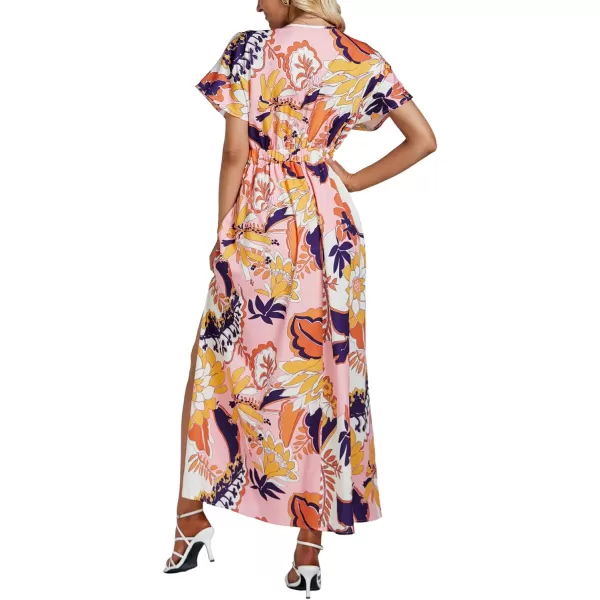 LYANER Women's Floral Boho Deep V Neck Batwing Short Sleeve High Waist Split Slit Shift Dress