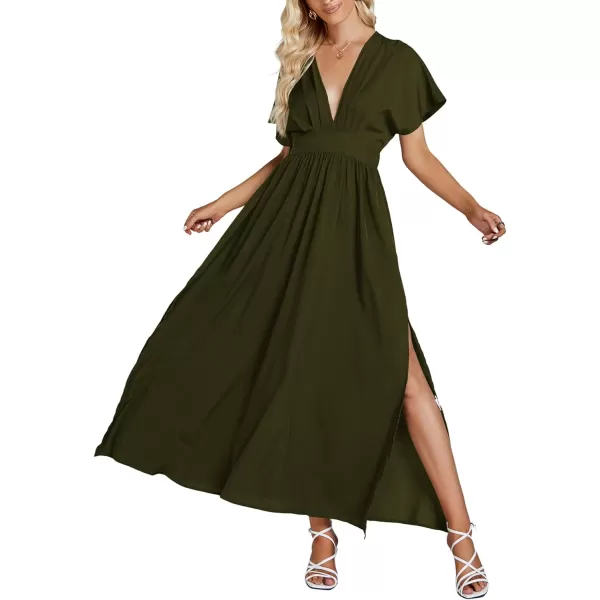 LYANER Women's Floral Boho Deep V Neck Batwing Short Sleeve High Waist Split Slit Shift Dress
