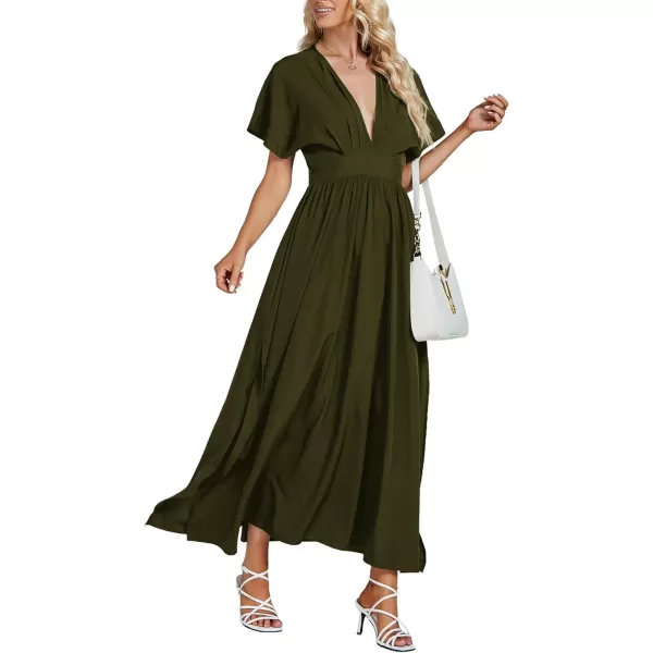 LYANER Women's Floral Boho Deep V Neck Batwing Short Sleeve High Waist Split Slit Shift Dress