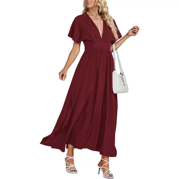 LYANER Women's Floral Boho Deep V Neck Batwing Short Sleeve High Waist Split Slit Shift Dress