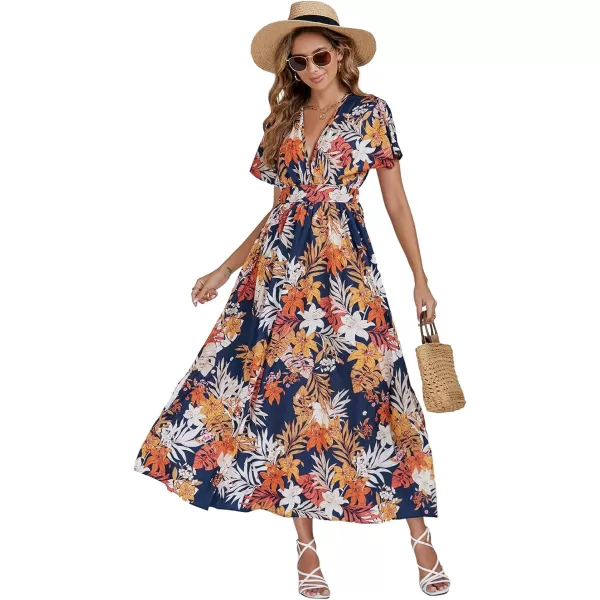 LYANER Women's Floral Boho Deep V Neck Batwing Short Sleeve High Waist Split Slit Shift Dress