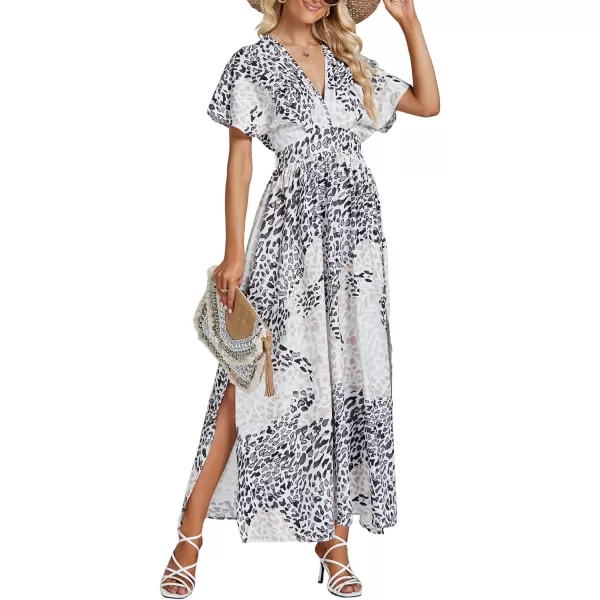 LYANER Women's Floral Boho Deep V Neck Batwing Short Sleeve High Waist Split Slit Shift Dress