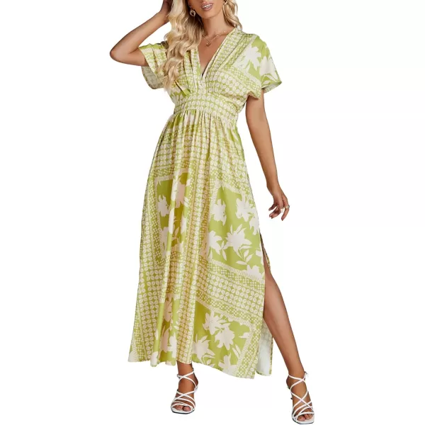 LYANER Women's Floral Boho Deep V Neck Batwing Short Sleeve High Waist Split Slit Shift Dress