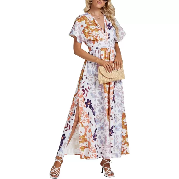 LYANER Women's Floral Boho Deep V Neck Batwing Short Sleeve High Waist Split Slit Shift Dress