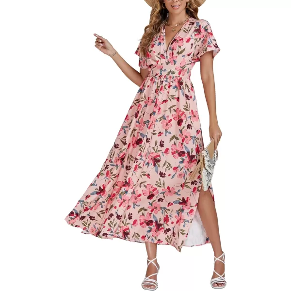 LYANER Women's Floral Boho Deep V Neck Batwing Short Sleeve High Waist Split Slit Shift Dress