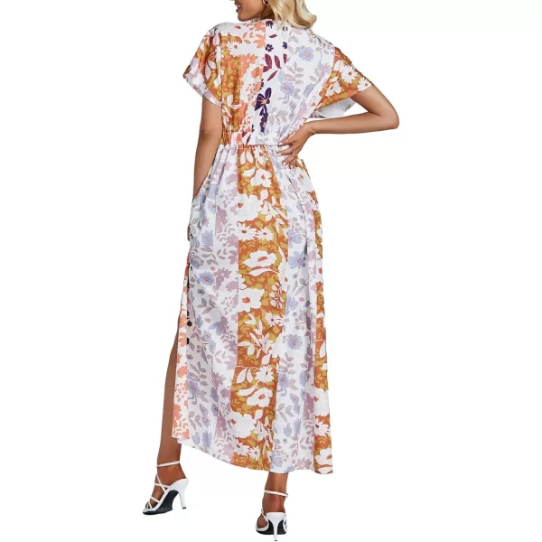 LYANER Women's Floral Boho Deep V Neck Batwing Short Sleeve High Waist Split Slit Shift Dress