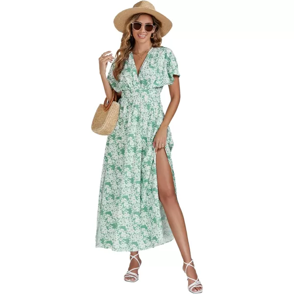 LYANER Women's Floral Boho Deep V Neck Batwing Short Sleeve High Waist Split Slit Shift Dress