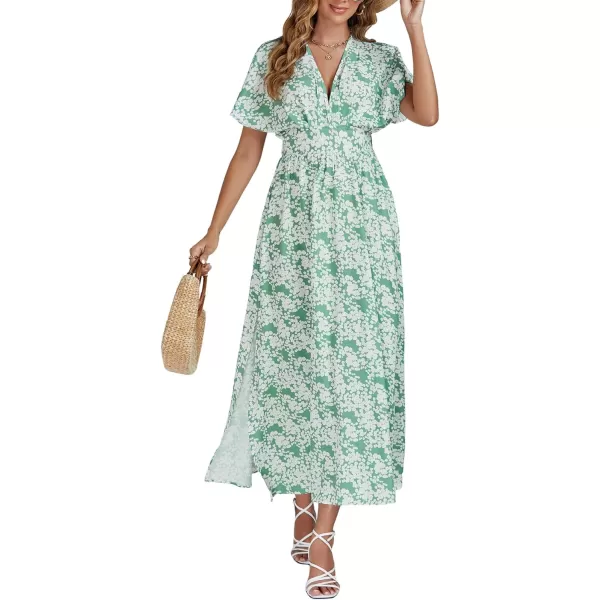 LYANER Women's Floral Boho Deep V Neck Batwing Short Sleeve High Waist Split Slit Shift Dress