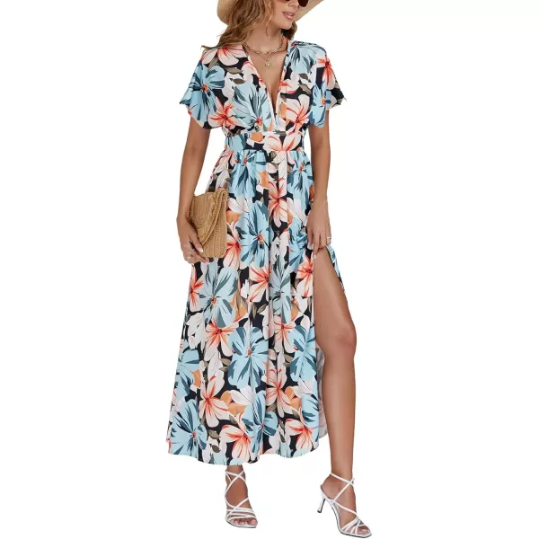 LYANER Women's Floral Boho Deep V Neck Batwing Short Sleeve High Waist Split Slit Shift Dress