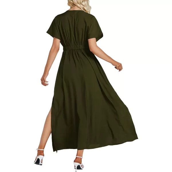 LYANER Women's Floral Boho Deep V Neck Batwing Short Sleeve High Waist Split Slit Shift Dress