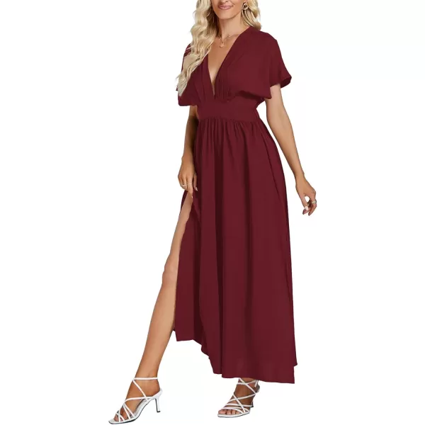 LYANER Women's Floral Boho Deep V Neck Batwing Short Sleeve High Waist Split Slit Shift Dress