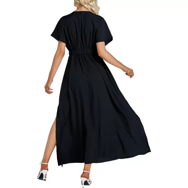 LYANER Women's Floral Boho Deep V Neck Batwing Short Sleeve High Waist Split Slit Shift Dress