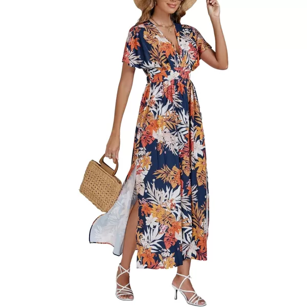 LYANER Women's Floral Boho Deep V Neck Batwing Short Sleeve High Waist Split Slit Shift Dress