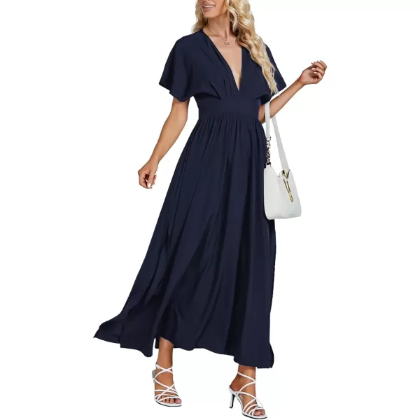 LYANER Women's Floral Boho Deep V Neck Batwing Short Sleeve High Waist Split Slit Shift Dress