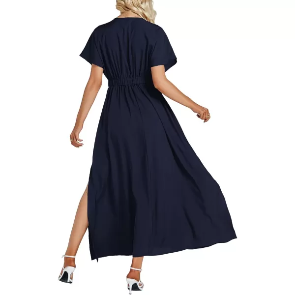 LYANER Women's Floral Boho Deep V Neck Batwing Short Sleeve High Waist Split Slit Shift Dress