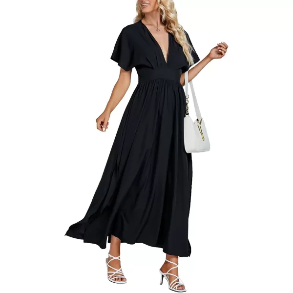 LYANER Women's Floral Boho Deep V Neck Batwing Short Sleeve High Waist Split Slit Shift Dress