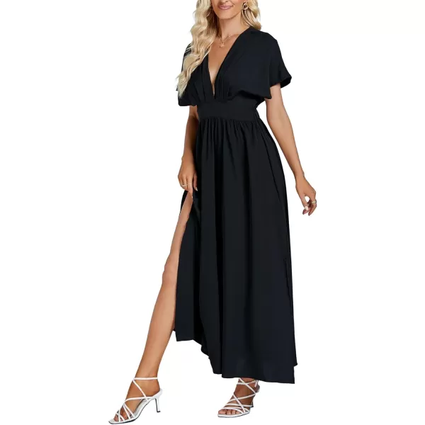 LYANER Women's Floral Boho Deep V Neck Batwing Short Sleeve High Waist Split Slit Shift Dress