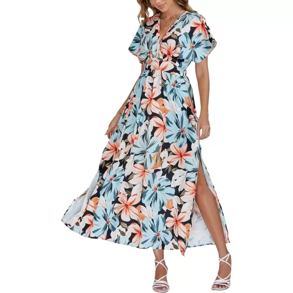 LYANER Women's Floral Boho Deep V Neck Batwing Short Sleeve High Waist Split Slit Shift Dress