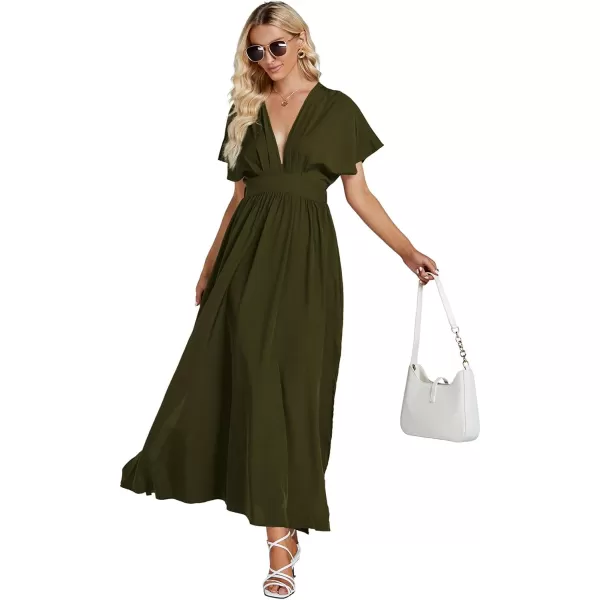 LYANER Women's Floral Boho Deep V Neck Batwing Short Sleeve High Waist Split Slit Shift Dress