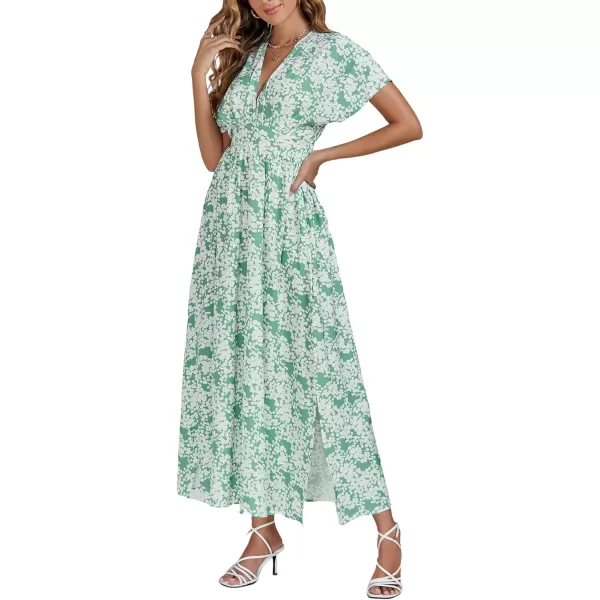 LYANER Women's Floral Boho Deep V Neck Batwing Short Sleeve High Waist Split Slit Shift Dress